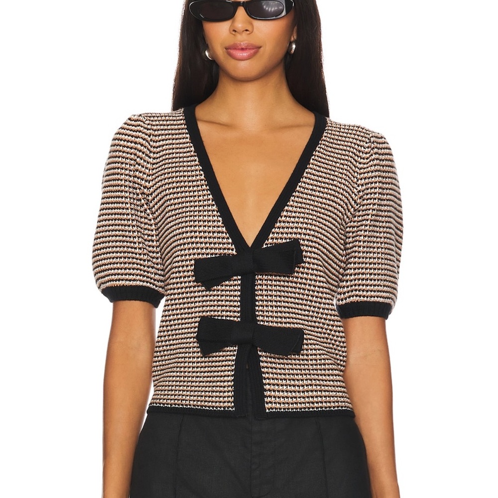 Elaine Puff Sleeve Bow Cardi in Sea Salt Multi